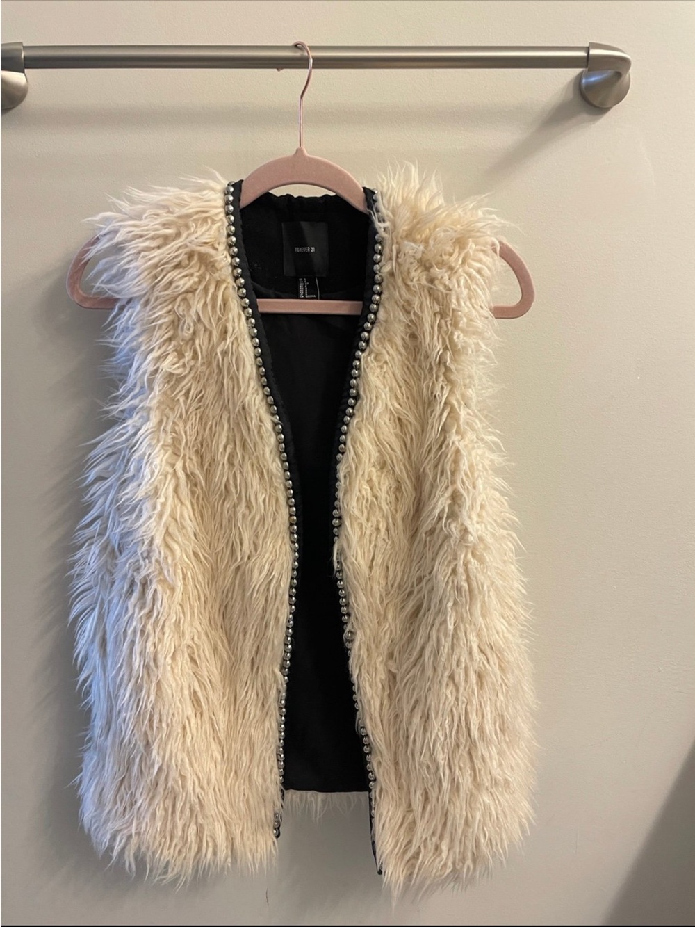 Forever 21 Cream Faux Fur Vest with Pearl Trim